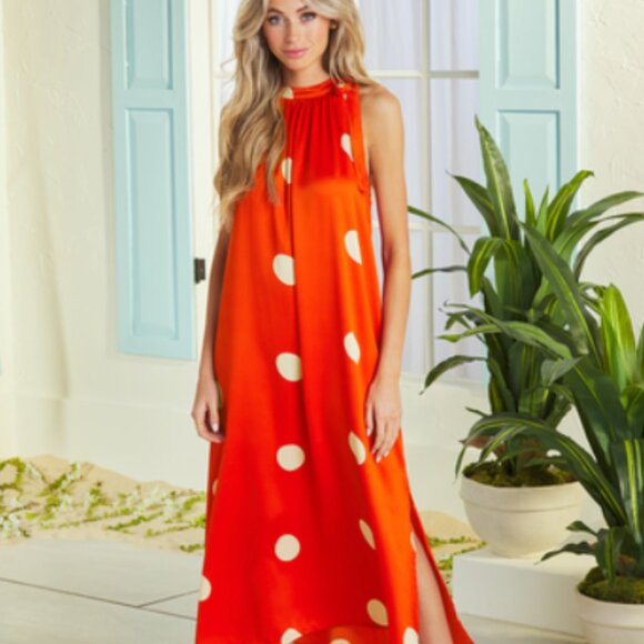 Women's MUD PIE Maxi Tie at Neck Orange PolkaDot Satin Crepe M/L NWOT - Picture 1 of 9